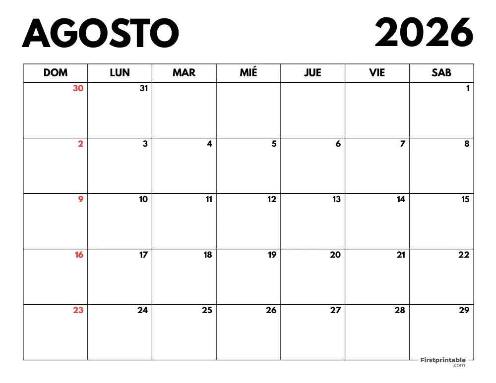 Calendario agosto 2026