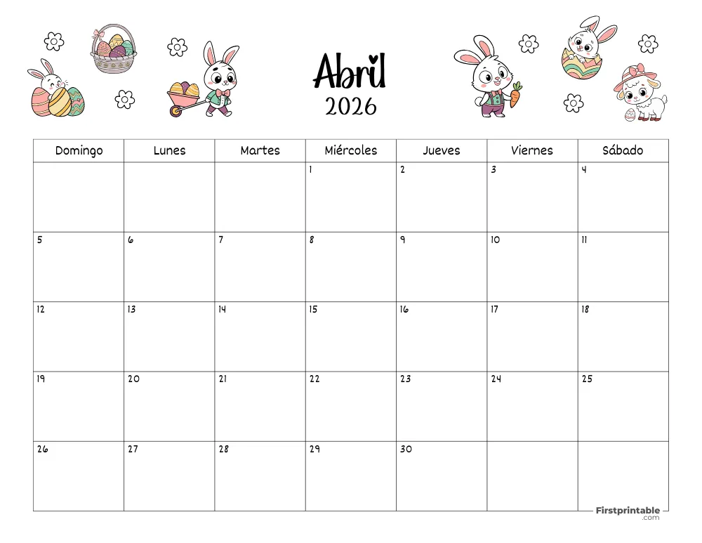 Calendario de abril 2026 con temática de Pascua 02