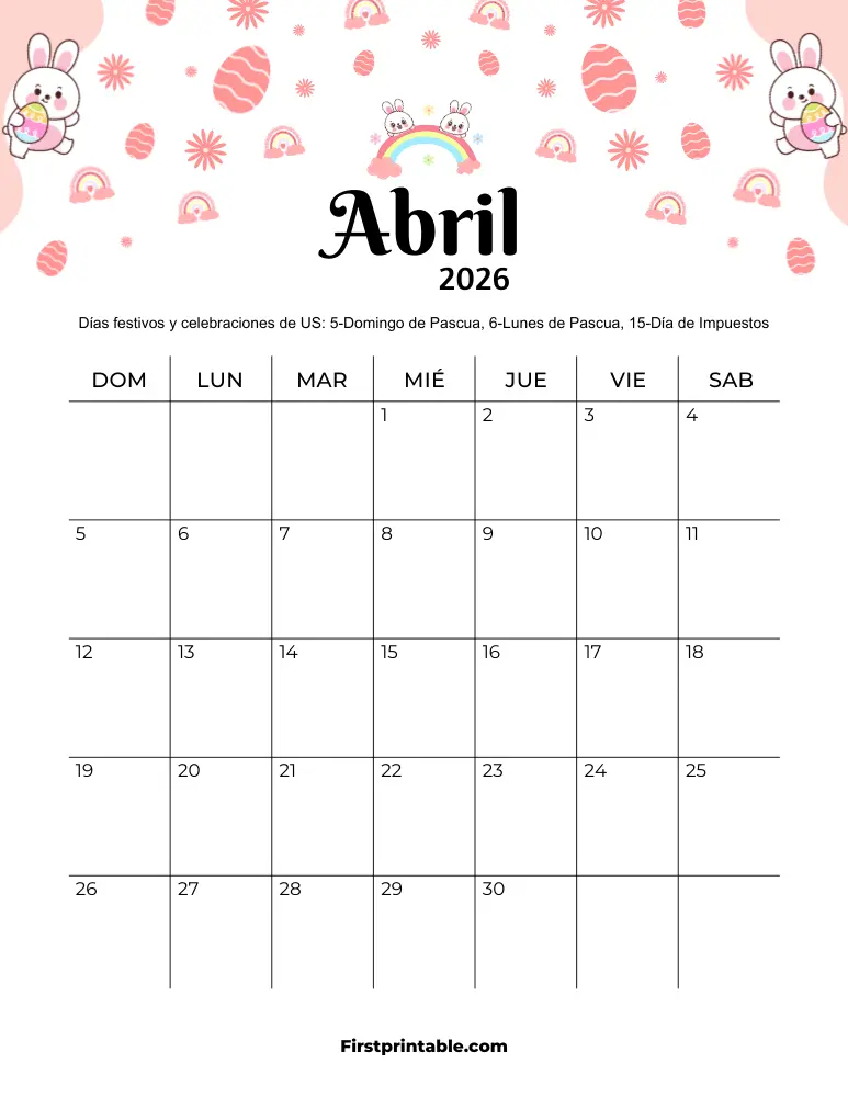 Calendario de abril de 2026 con temática de Pascua