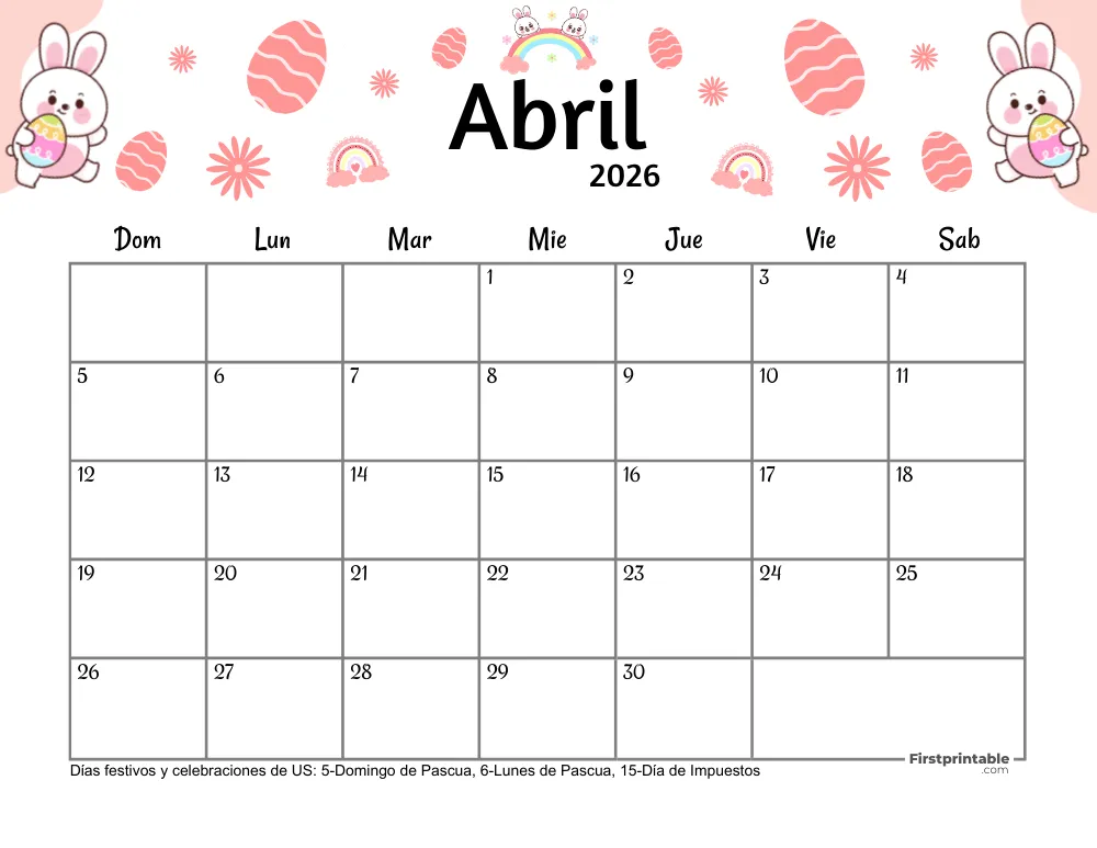 Calendario de abril de 2026 - Tema de Pascua