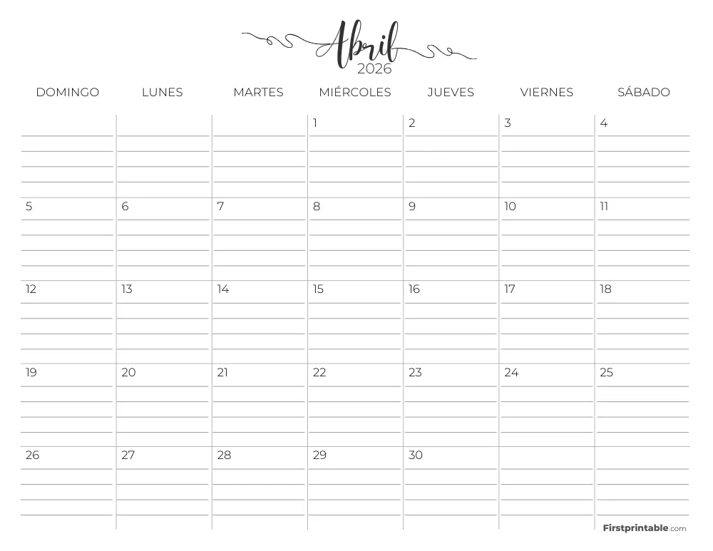 Calendario de abril de 2026 con líneas 02