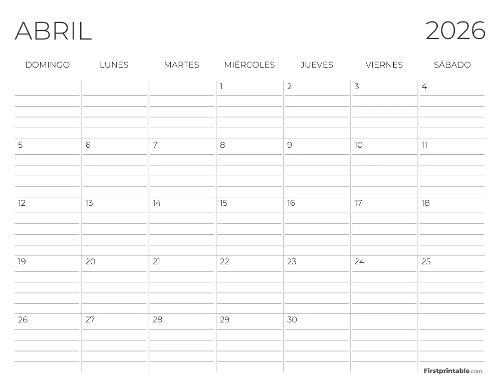 Calendario de abril de 2026 con líneas