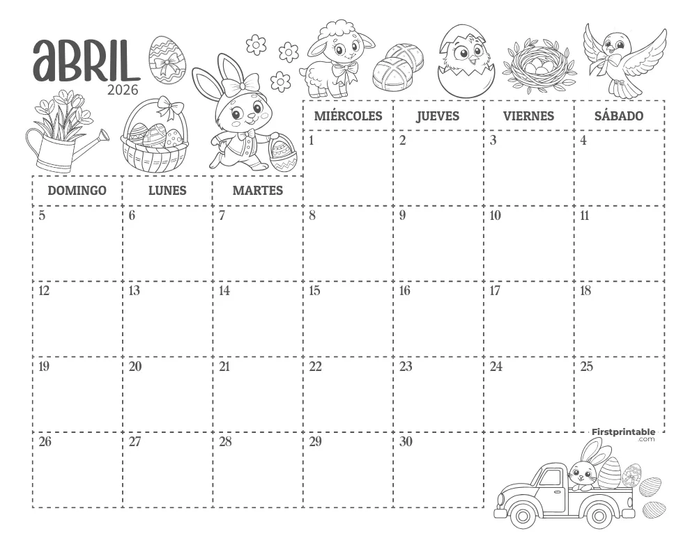 Calendario de abril de 2026 con temática de Pascua 01