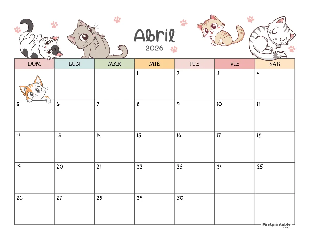 Calendario de abril de 2026 con temática de gatos 01
