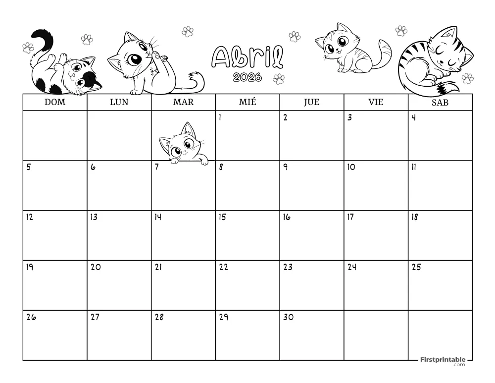 Calendario de abril de 2026 con temática de gatos 02