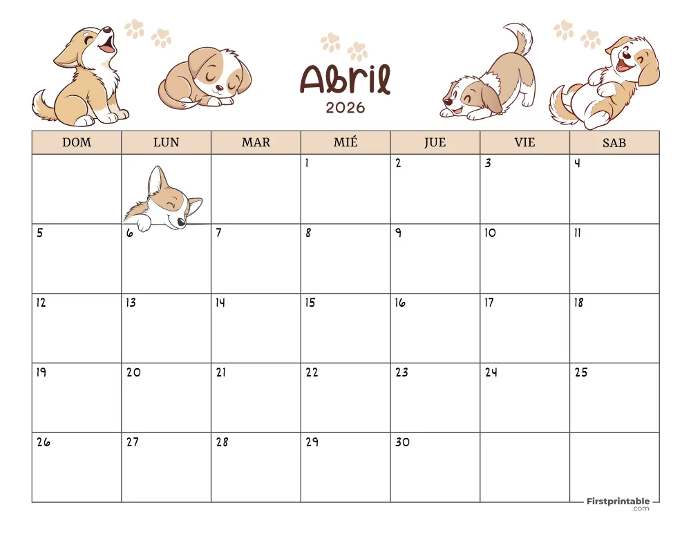 Calendario de abril de 2026 con temática de perros 01