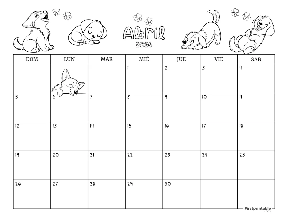 Calendario de abril de 2026 con temática de perros 02