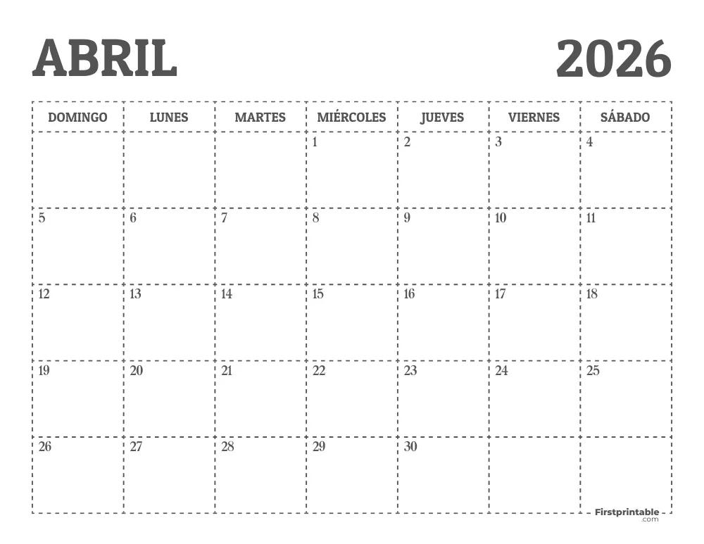 Calendario de abril de 2026 para imprimir