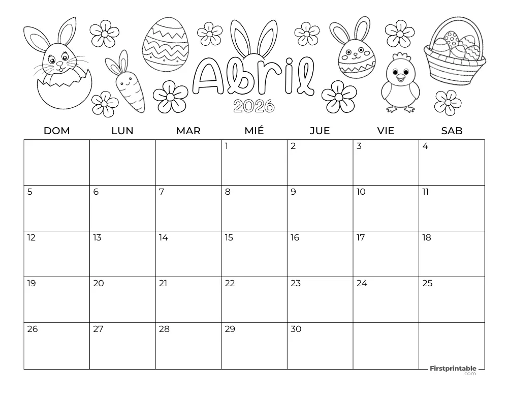 Calendario de abril de 2026 - temática de Pascua