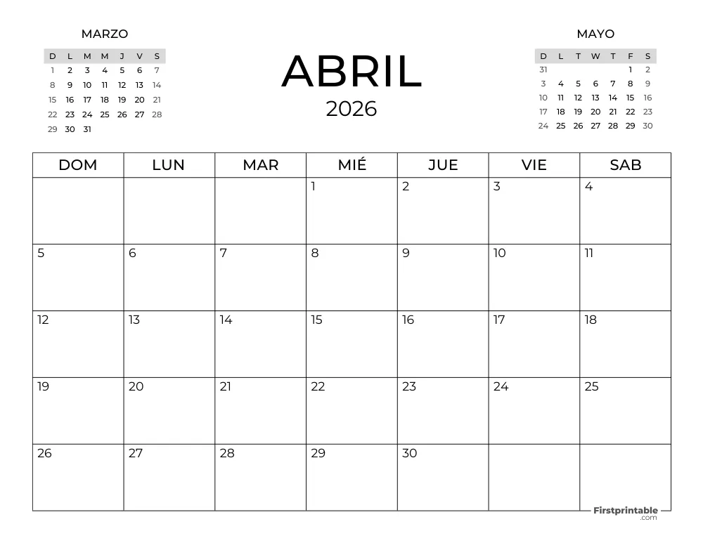 Calendario de abril de 2026