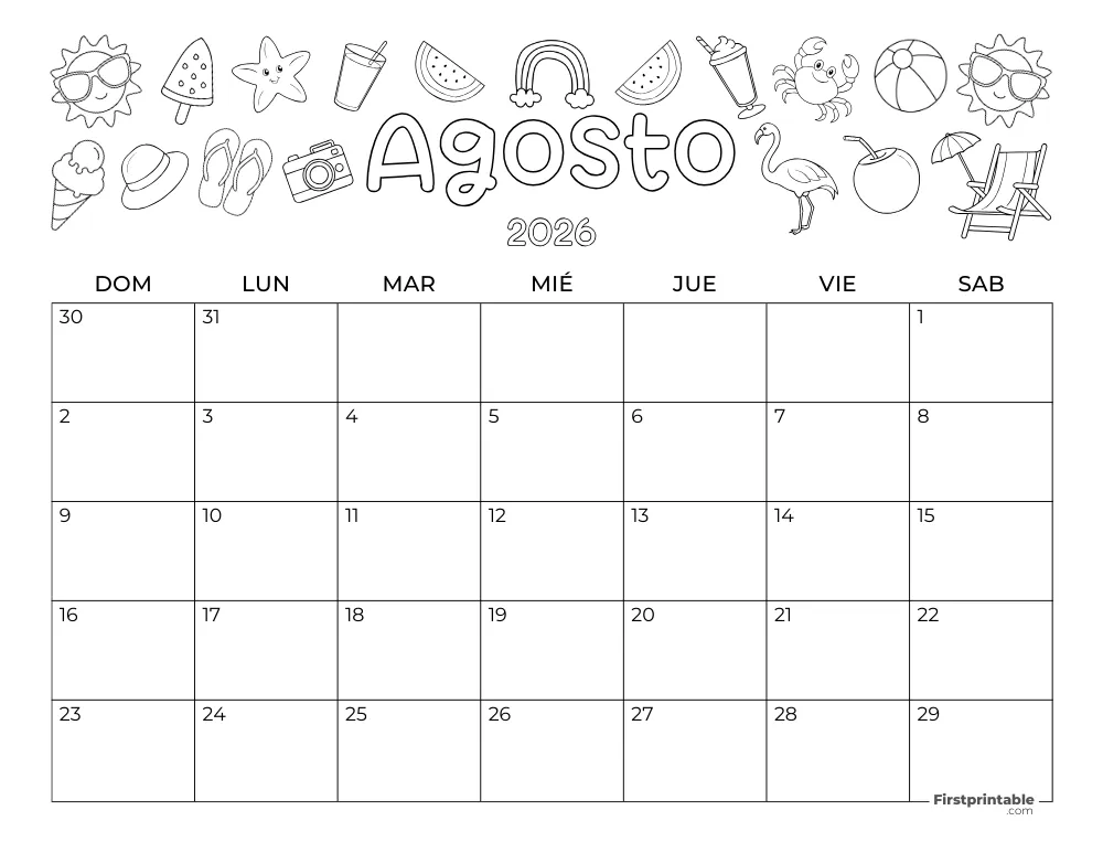 Calendario de agosto de 2026 - Temática de Verano