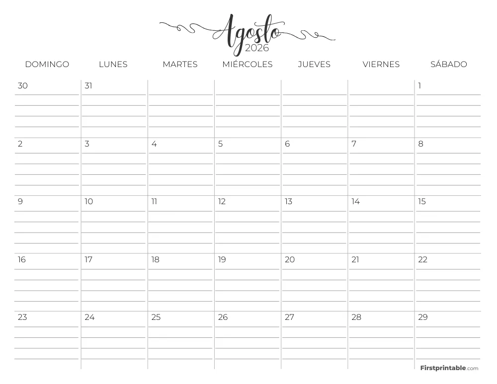 Calendario de agosto de 2026 con líneas 02