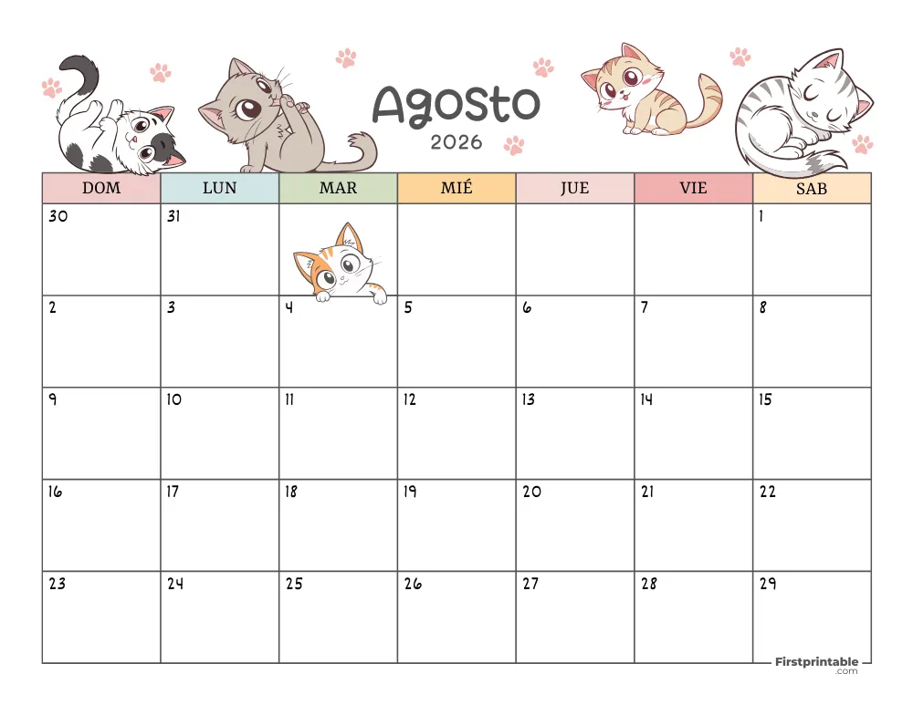 Calendario de agosto de 2026 con temática de gatos 01