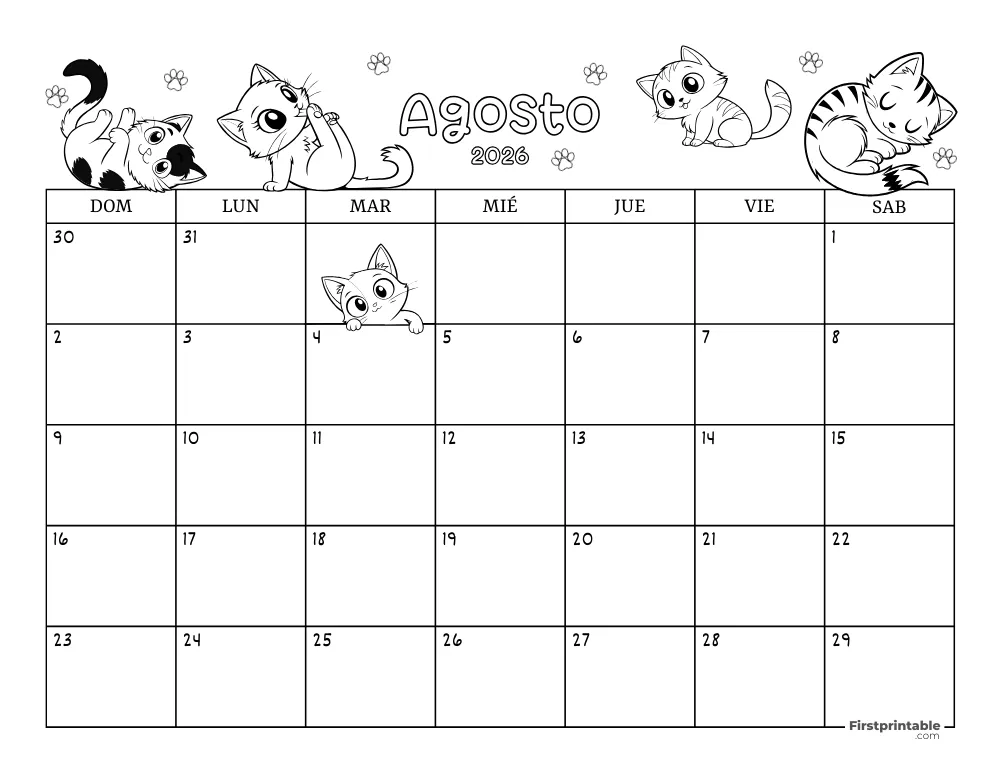 Calendario de agosto de 2026 con temática de gatos 02