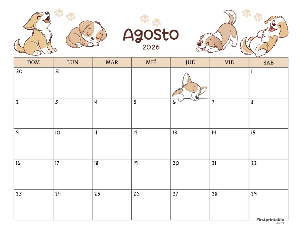 Calendario de agosto de 2026 con temática de perros 01