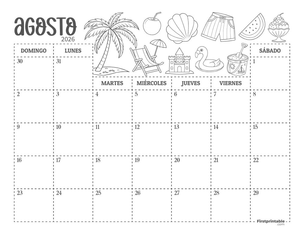 Calendario de agosto de 2026 con temática de verano 01
