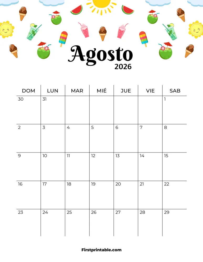 Calendario de agosto de 2026 con temática de verano