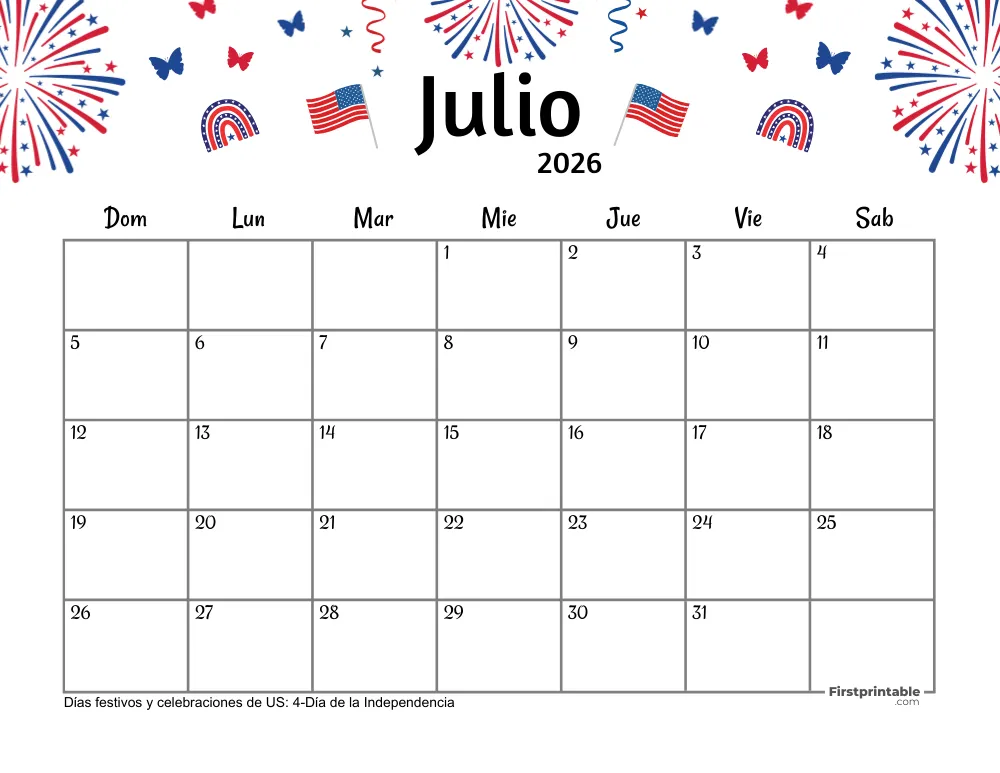 Calendario de julio de 2026 - Tema del 4 de julio