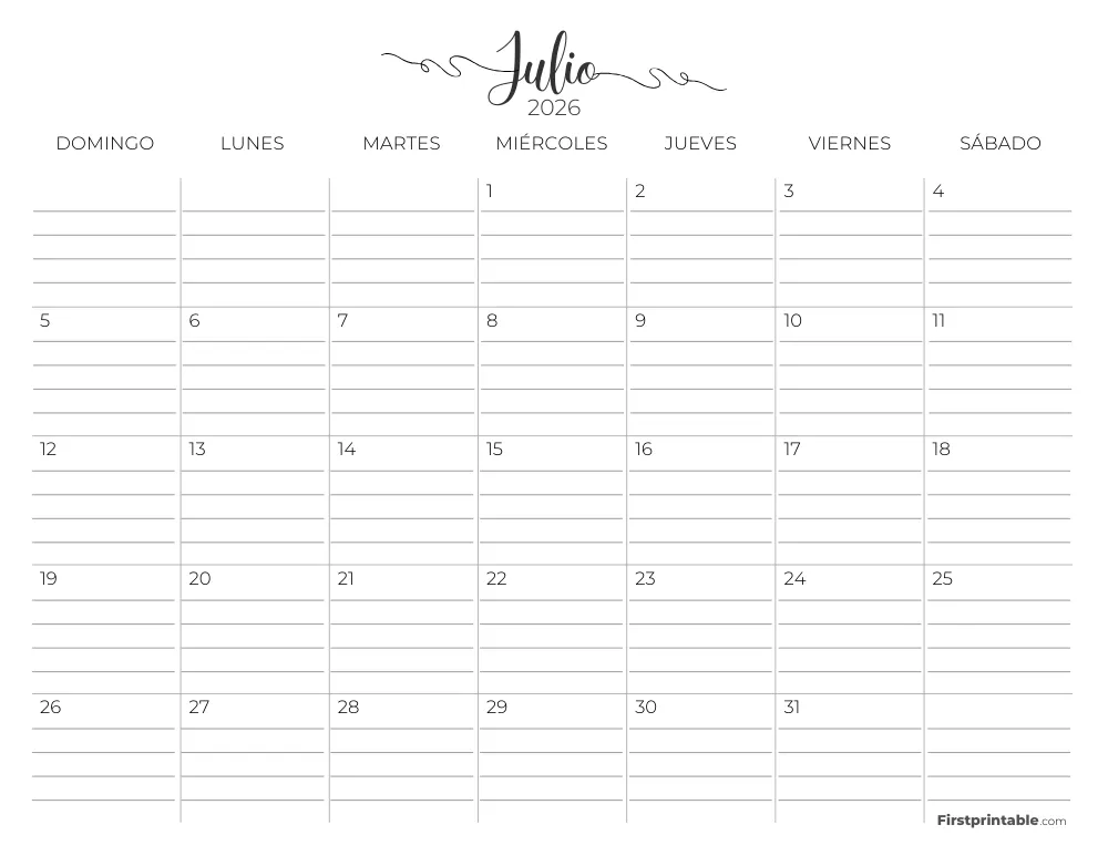 Calendario de julio de 2026 con líneas 02
