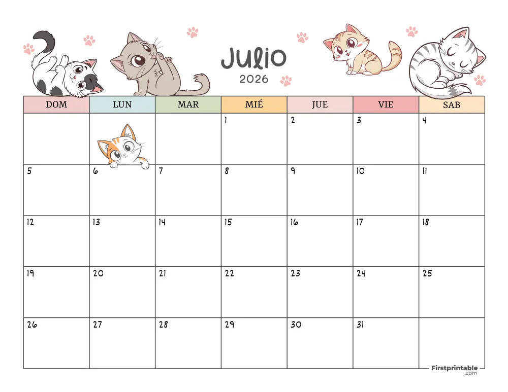 Calendario de julio de 2026 con temática de gatos 01