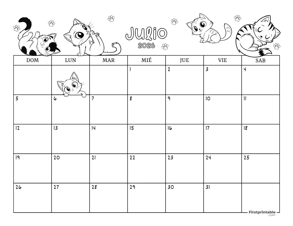 Calendario de julio de 2026 con temática de gatos 02