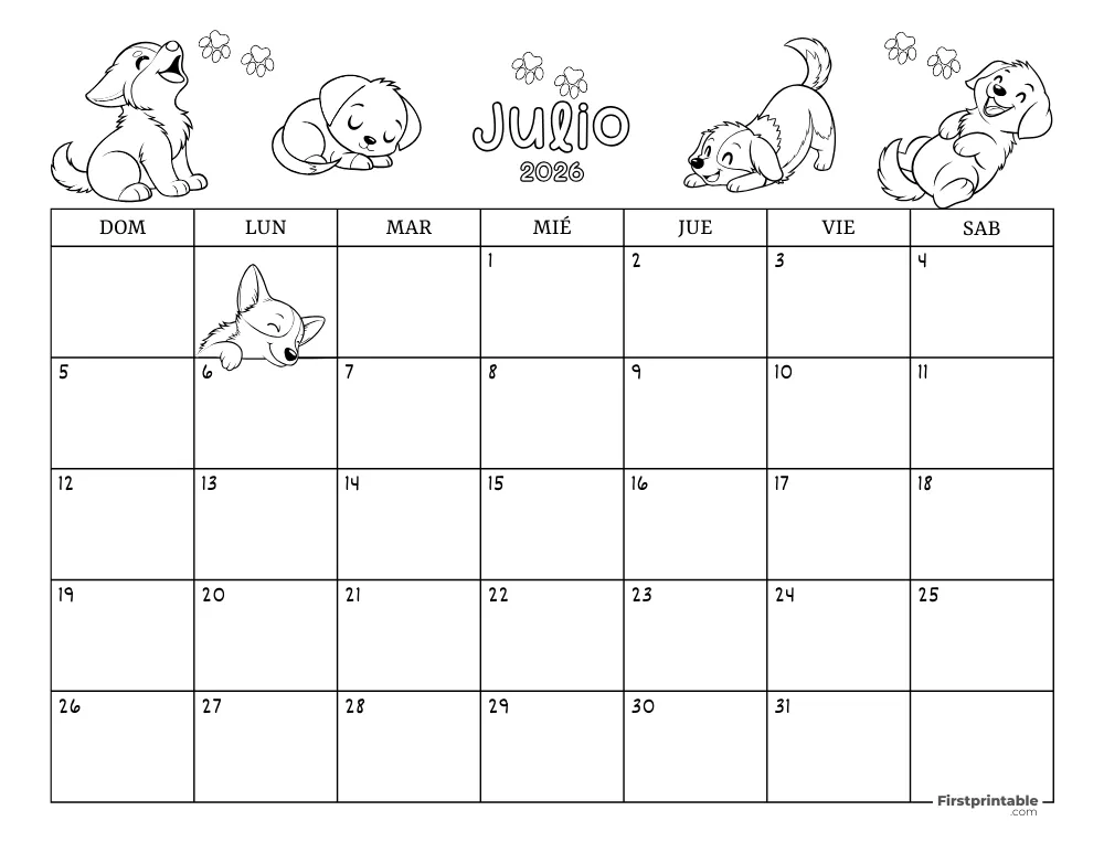 Calendario de julio de 2026 con temática de perros 02
