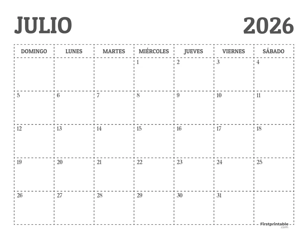 Calendario de julio de 2026 para imprimir