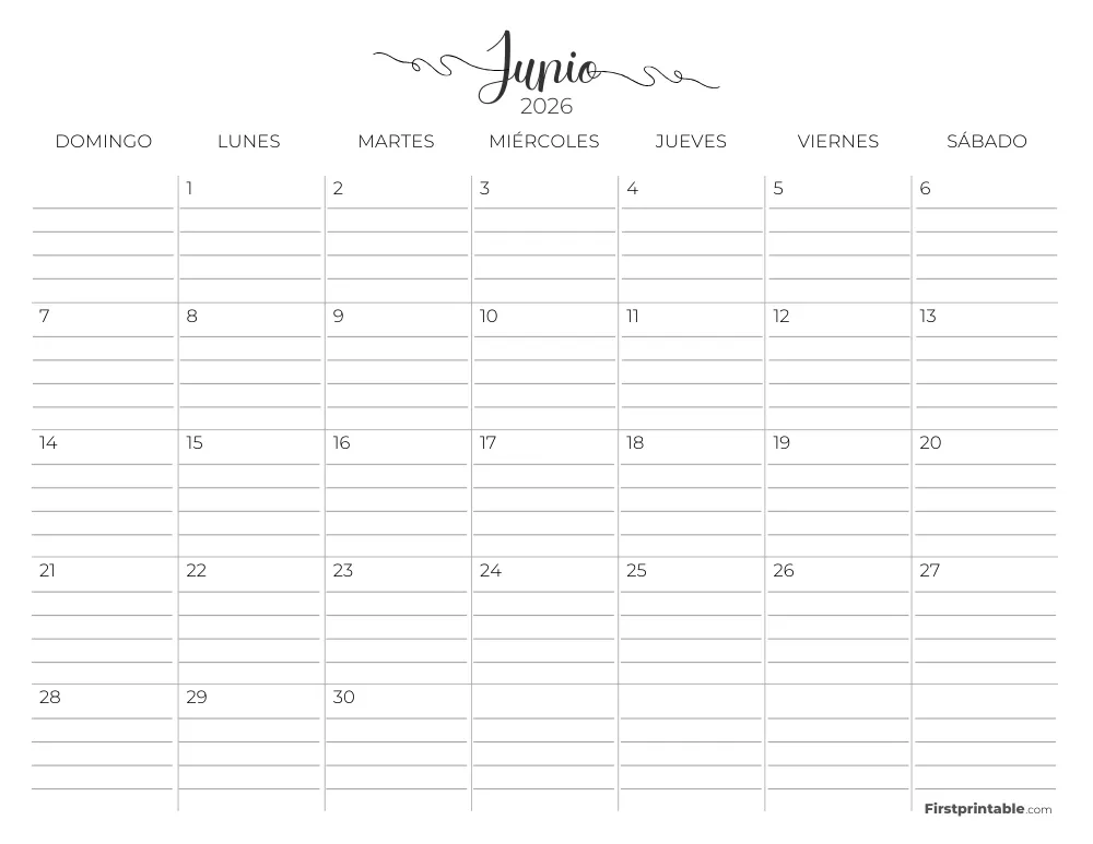 Calendario de junio de 2026 con líneas 02