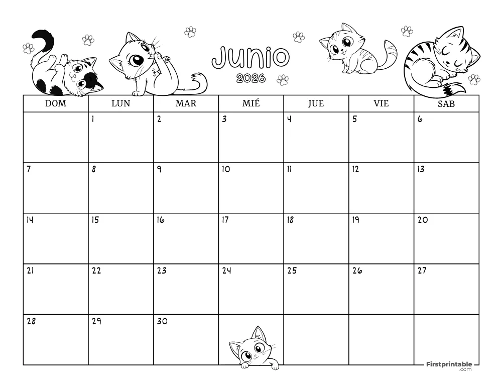 Calendario de junio de 2026 con temática de gatos 02