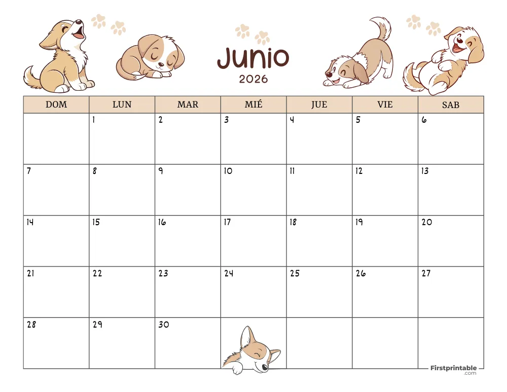 Calendario de junio de 2026 con temática de perros 01