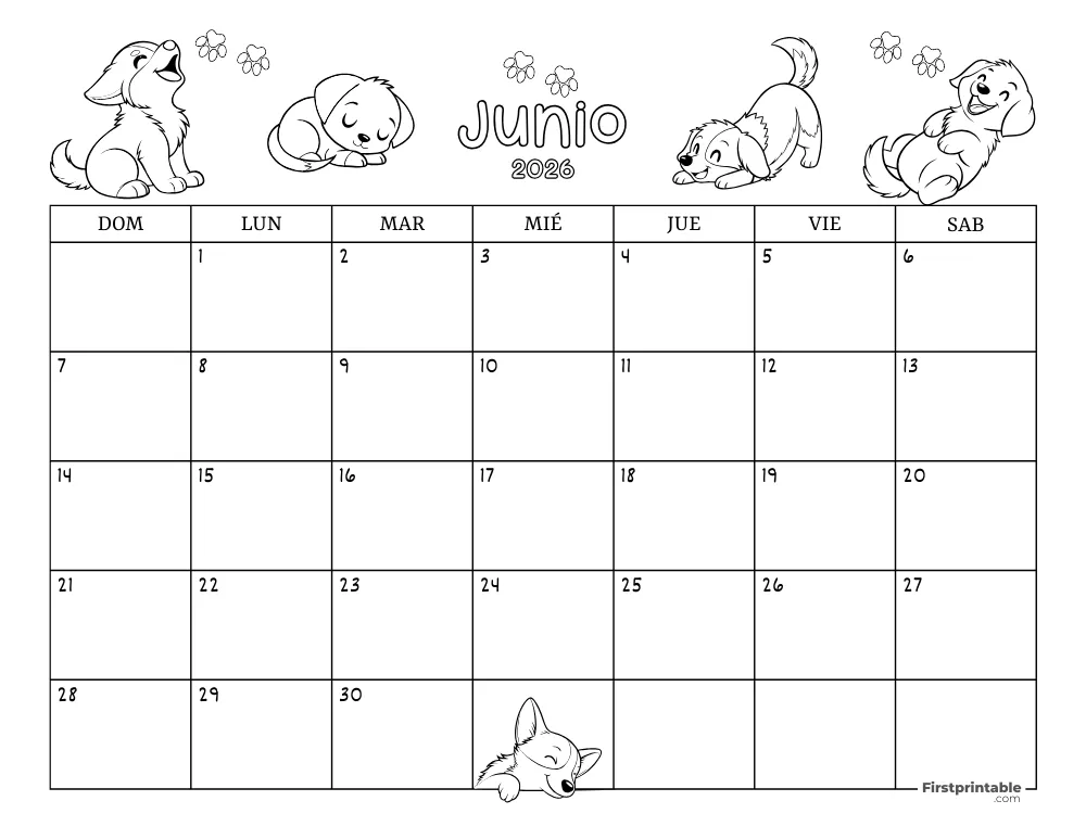 Calendario de junio de 2026 con temática de perros 02
