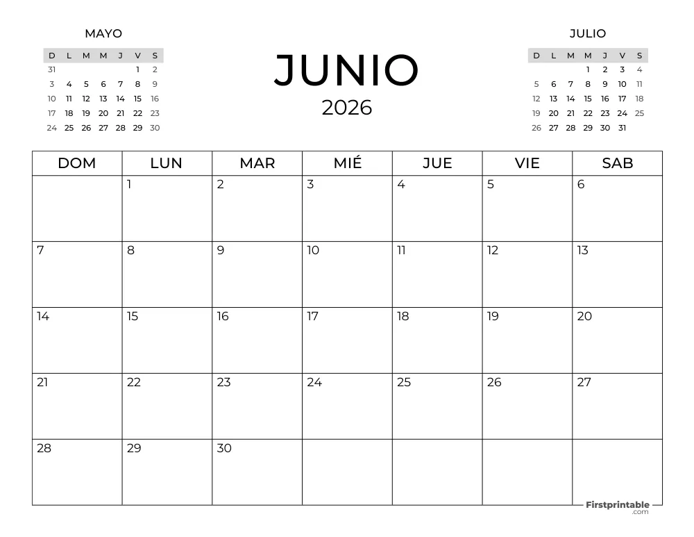 Calendario de junio de 2026