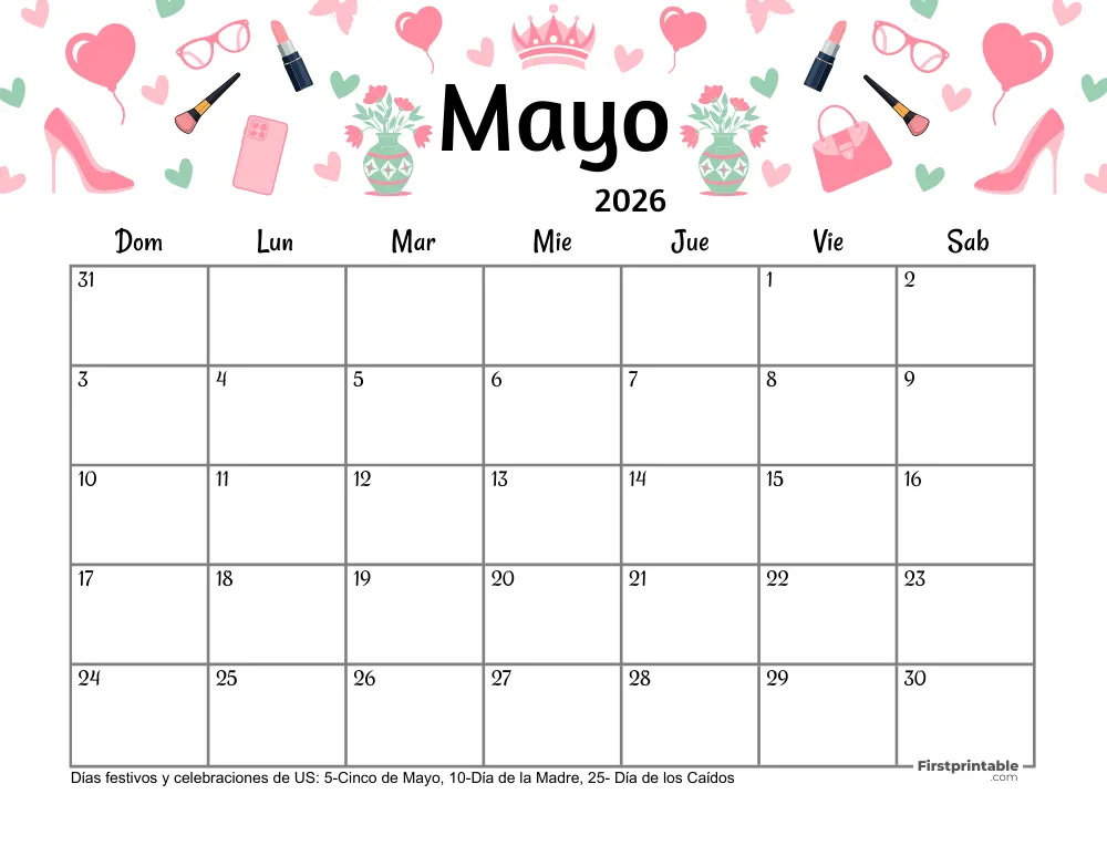 Calendario de mayo de 2026 - Tema de la Madre