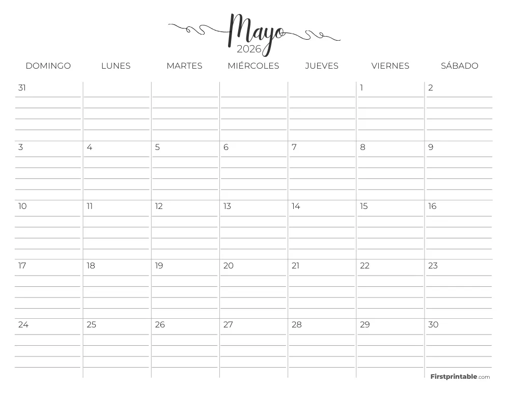 Calendario de mayo de 2026 con líneas 02