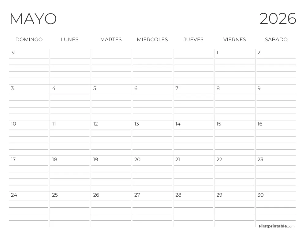Calendario de mayo de 2026 con líneas
