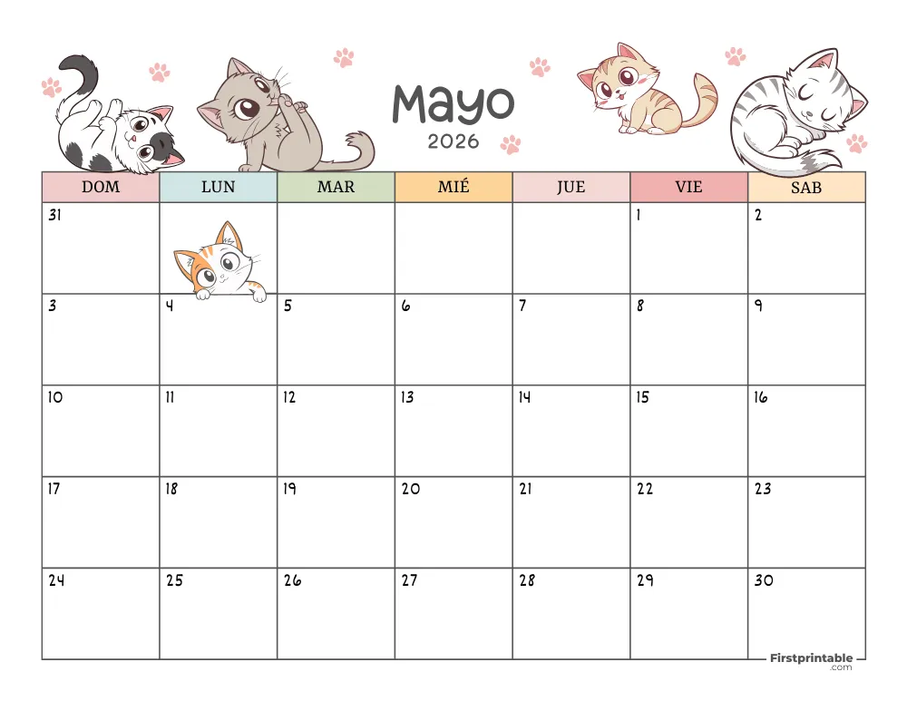 Calendario de mayo de 2026 con temática de gatos 01