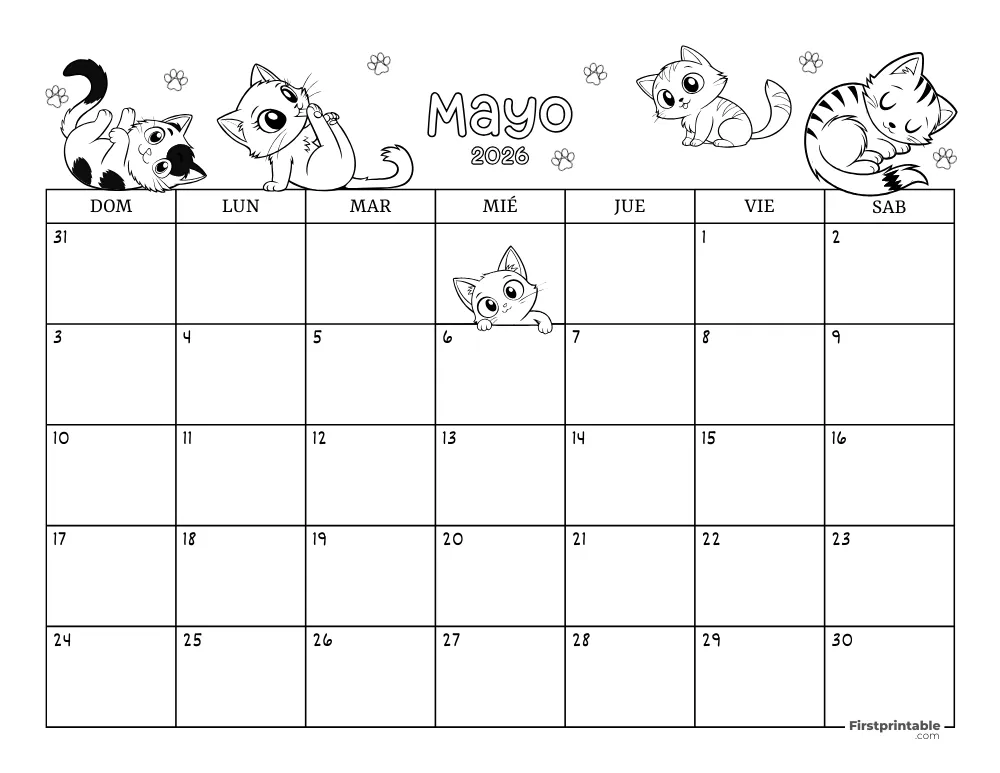 Calendario de mayo de 2026 con temática de gatos 02