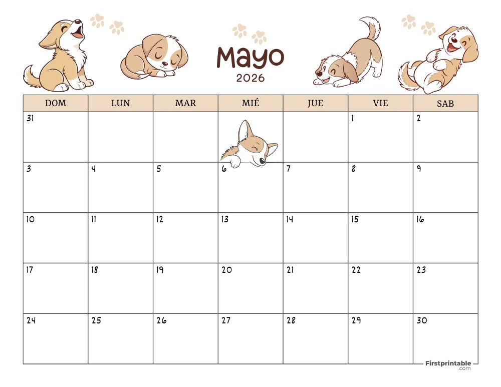 Calendario de mayo de 2026 con temática de perros 01