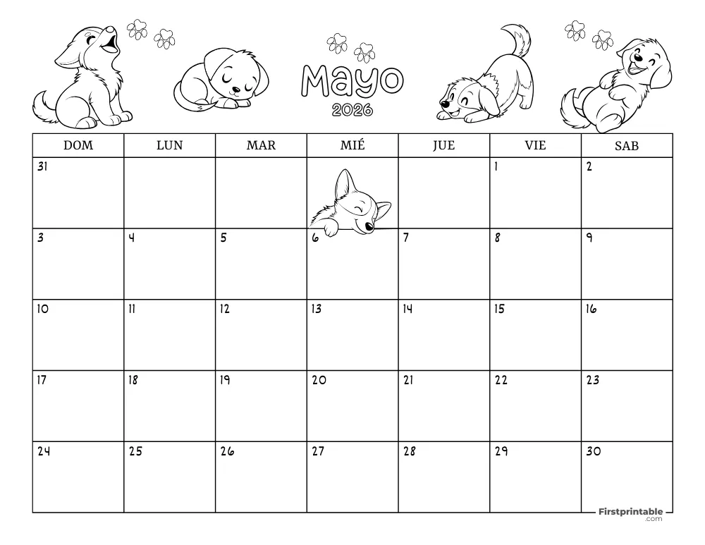 Calendario de mayo de 2026 con temática de perros 02