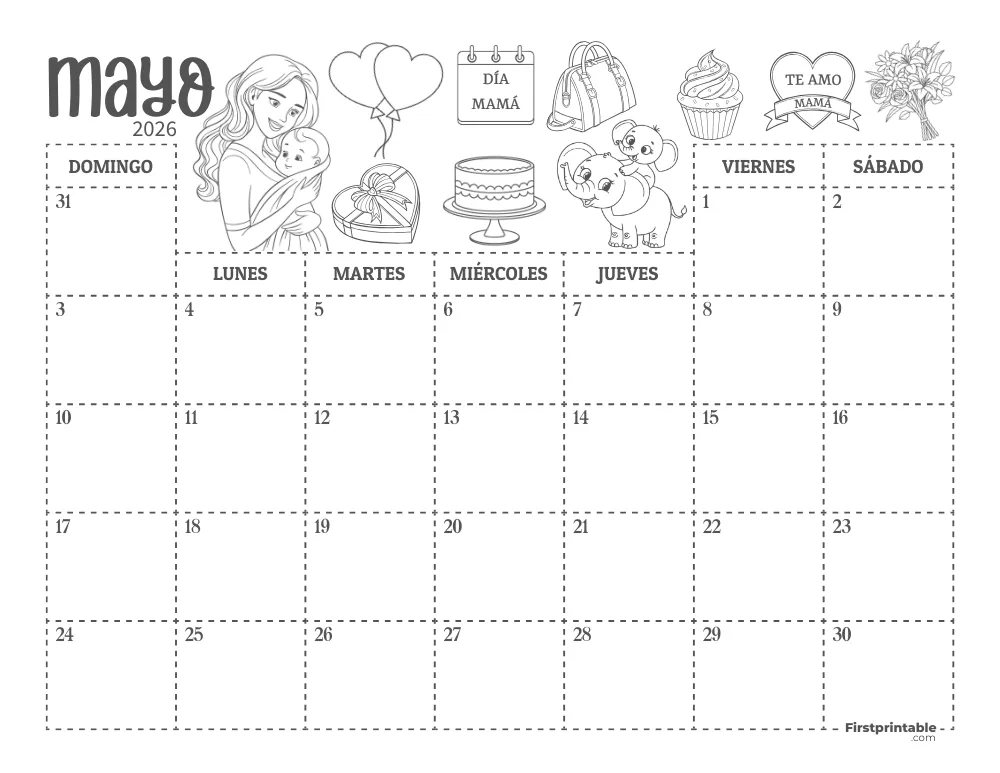 Calendario de mayo de 2026 con temática del Día de la Madre 01