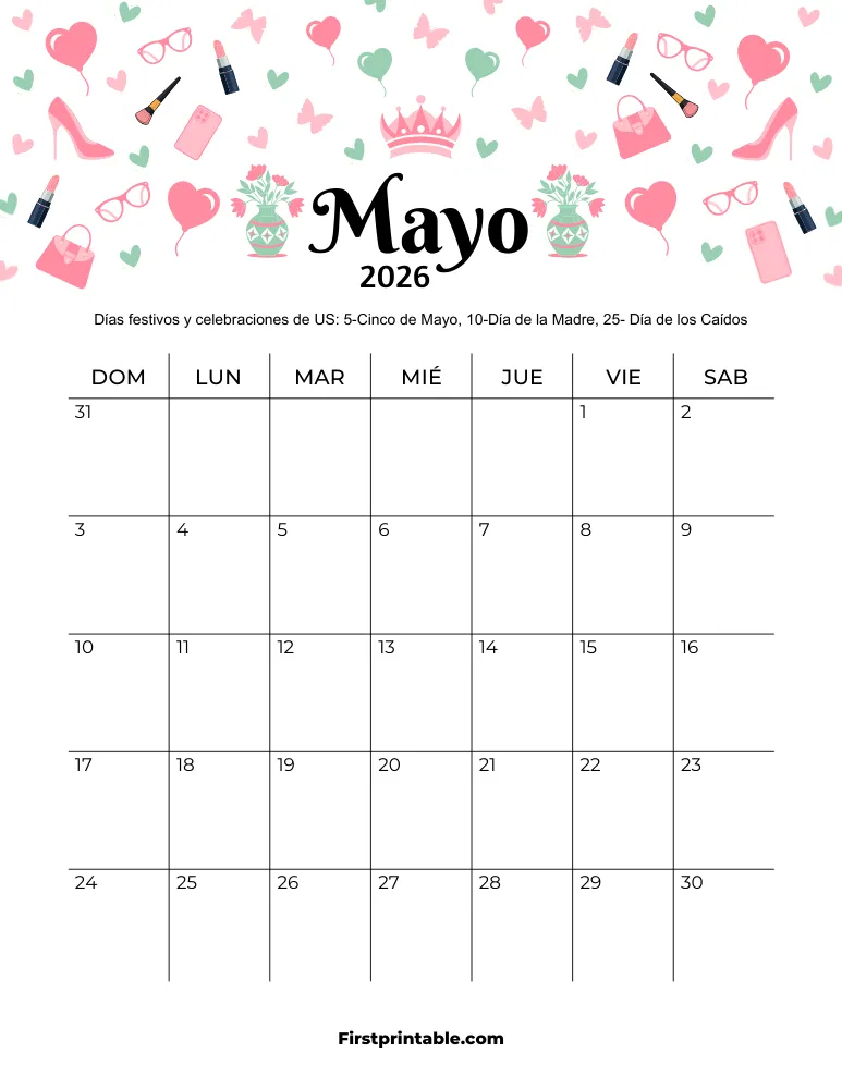 Calendario de mayo de 2026 con temática del Día de la Madre
