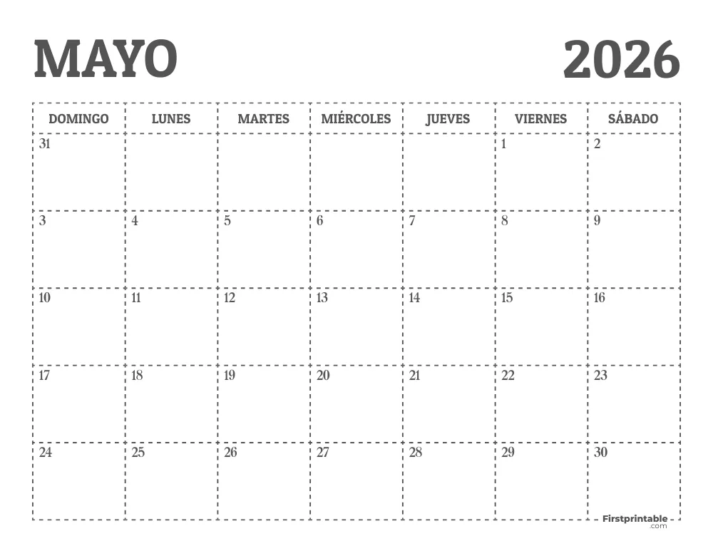 Calendario de mayo de 2026 para imprimir