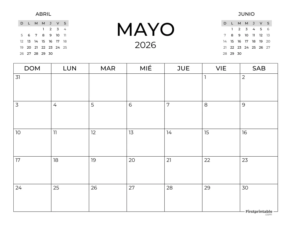 Calendario de mayo de 2026