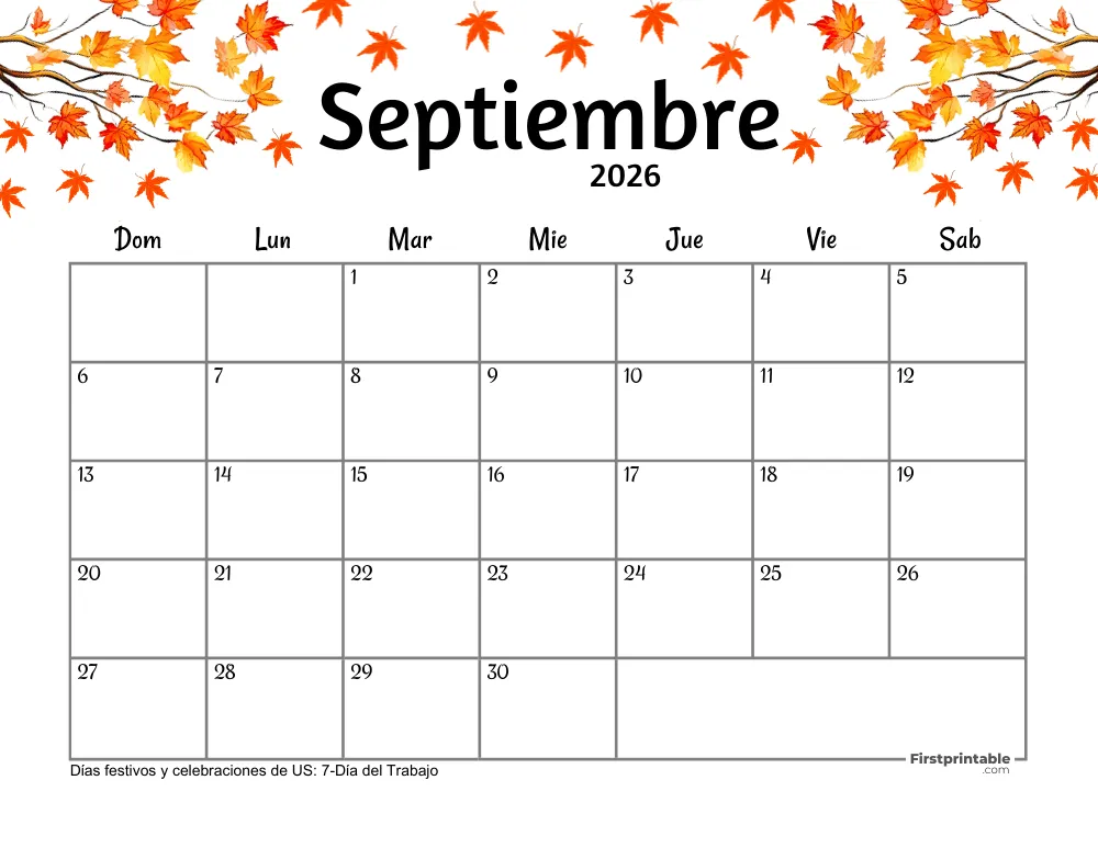 Calendario de septiembre de 2026 - Tema de otoño