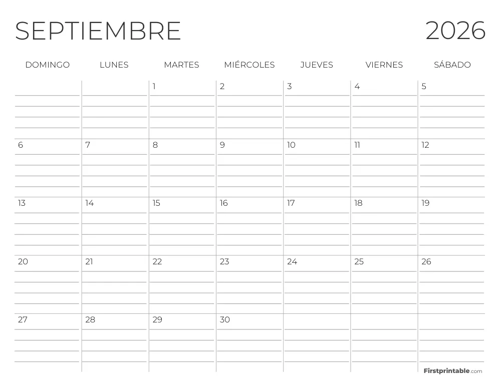 Calendario de septiembre de 2026 con líneas