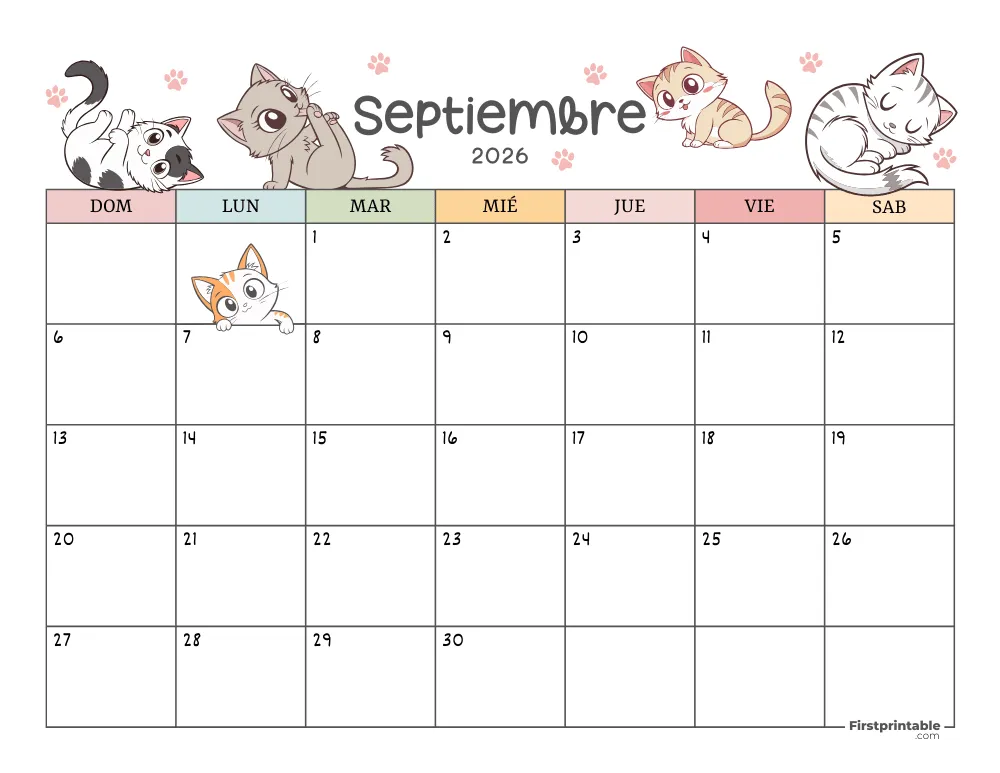 Calendario de septiembre de 2026 con temática de gatos 01