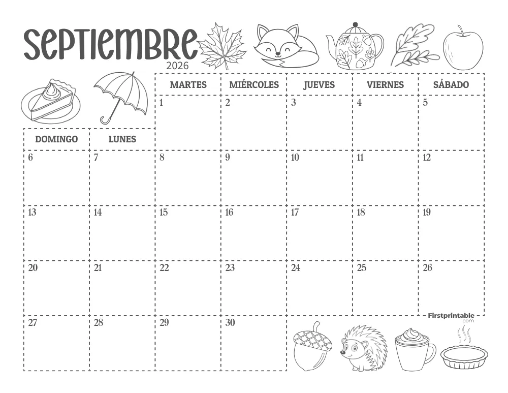 Calendario de septiembre de 2026 con temática de otoño 01