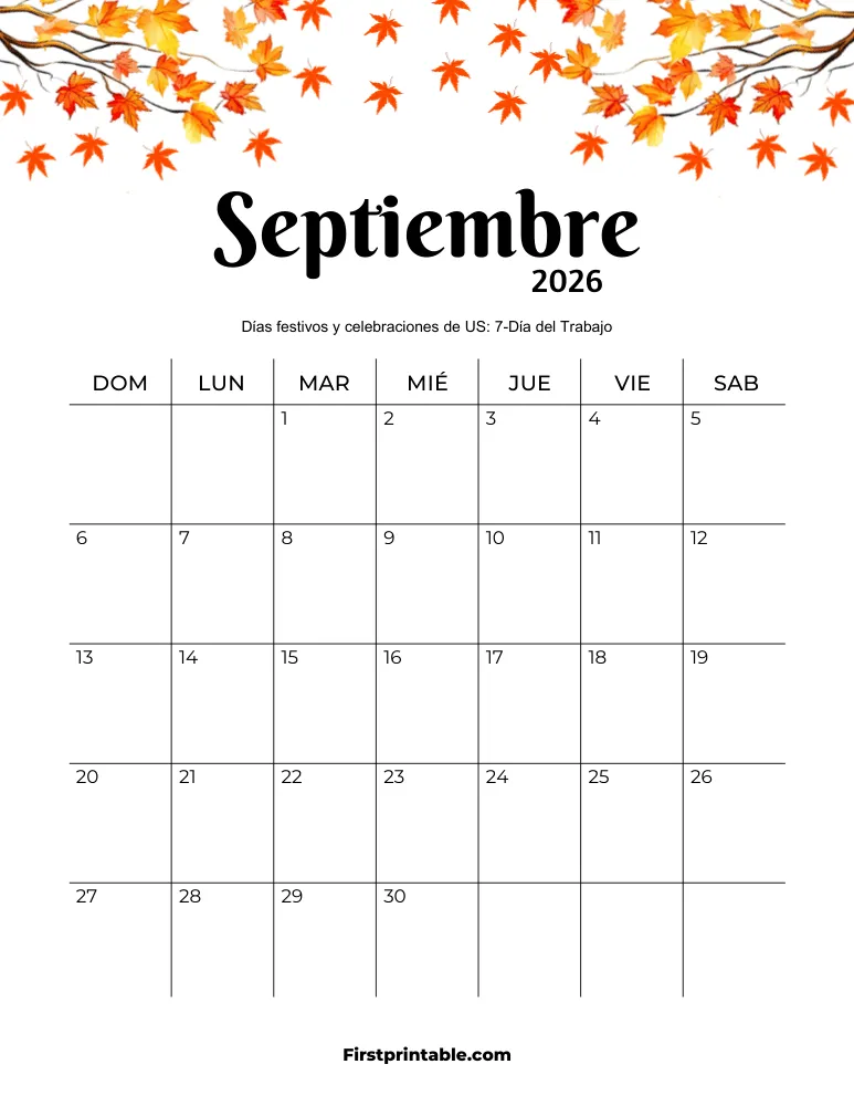 Calendario de septiembre de 2026 con temática de otoño
