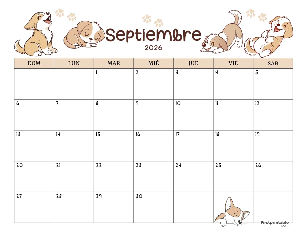 Calendario de septiembre de 2026 con temática de perros 01