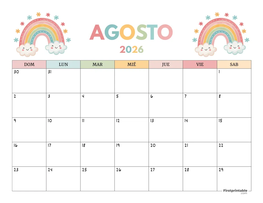 Calendario Agosto 2026 Gratis Para Imprimir Y Rellenar
